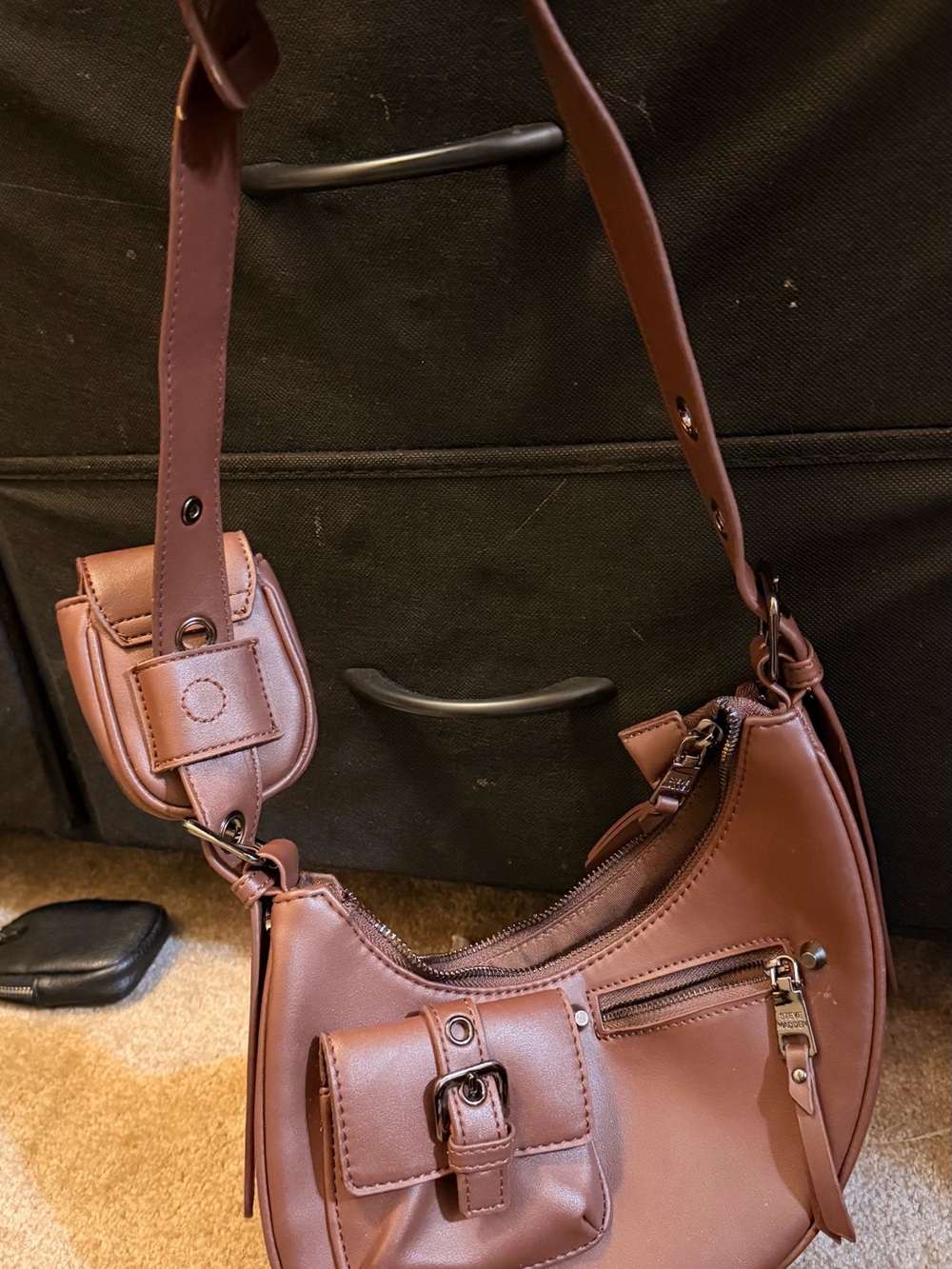 Steve Madden Chocolate Brown Shoulder Bag with Front Buckle Pocket